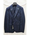Abito Uomo Cerimonia e 18° Compleanno Bluette Damascato con Giacca Collo a Lancia, Gilet Coordinato e Pantalone Slim Brera