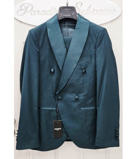Abito Uomo Cerimonia e 18° Compleanno Verde Bottiglia Doppiopetto con Sciallatura in Raso e Pantalone Slim, Emporio