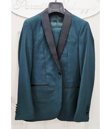 Abito Uomo Cerimonia e 18° Compleanno Verde Bottiglia con Sciallatura in Raso Nero e Pantalone Slim, Emporio