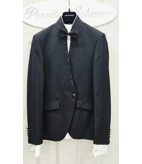Giacca Uomo Cerimonia Nera con Collo Coreano e Strass Neri con Bottone Gioiello Elegante, Carlo Pignatelli