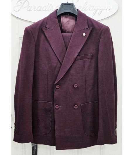 Abito Uomo Doppiopetto Prugna in Tessuto Punto Milano Semi Elastico con Pantalone Coordinato Elegante, Two