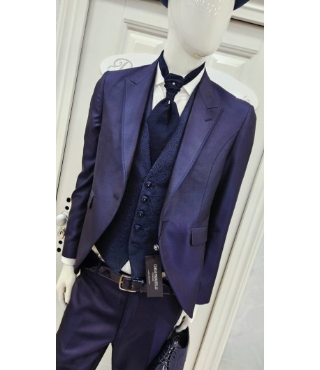 Abito Uomo Cerimonia Bluette con Giacca Collo a Lancia, Gilet Damascato e Pantalone Slim, Carlo Pignatelli
