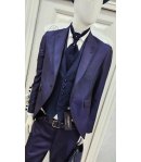 Abito Uomo Cerimonia Bluette con Giacca Collo a Lancia, Gilet Damascato e Pantalone Slim, Carlo Pignatelli