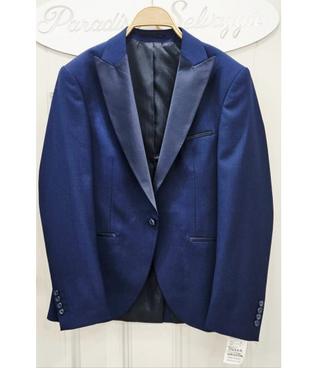 Giacca Uomo Bluette con Sciallatura Alata in Raso e Tasche Profilate Elegante Cerimonia, Magnani
