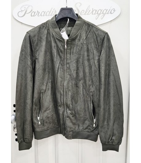 Giubbino Uomo Scamosciato Verde con Zip e Collo in Maglina Stile Casual Primaverile con Tasche Zip, Jeans