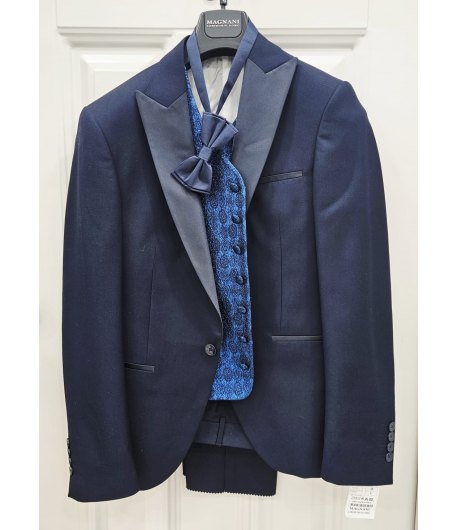 Abito Uomo Blu Cerimonia e 18° con Giacca Collo a Lancia in Raso Gilet Damascato Azzurro Brillantinato Papillon Magnani