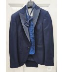 Abito Uomo Blu Cerimonia e 18° con Giacca Collo a Lancia in Raso Gilet Damascato Azzurro Brillantinato Papillon Magnani
