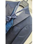 Abito Uomo Blu Cerimonia e 18° con Giacca Collo a Lancia in Raso Gilet Damascato Azzurro Brillantinato Papillon Magnani