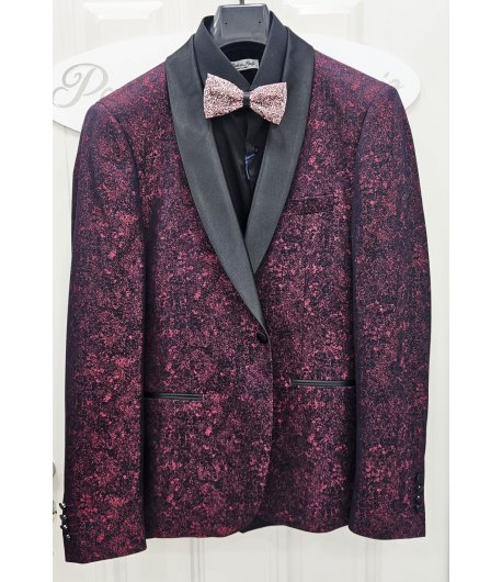 Abito Smoking Uomo Prugna e Nero Cerimonia e 18° con Giacca Maculata Collo a Scialle in Raso Nero Pantalone Elegante, Brera
