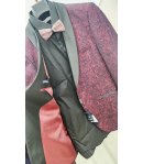 Abito Smoking Uomo Prugna e Nero Cerimonia e 18° con Giacca Maculata Collo a Scialle in Raso Nero Pantalone Elegante, Brera