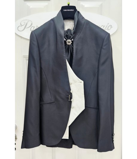 Abito Uomo Nero Cerimonia e 18° con Giacca Tait Collo Coreano Gilet Damascato Avorio Plastron Gioiello, Carlo Pignatelli