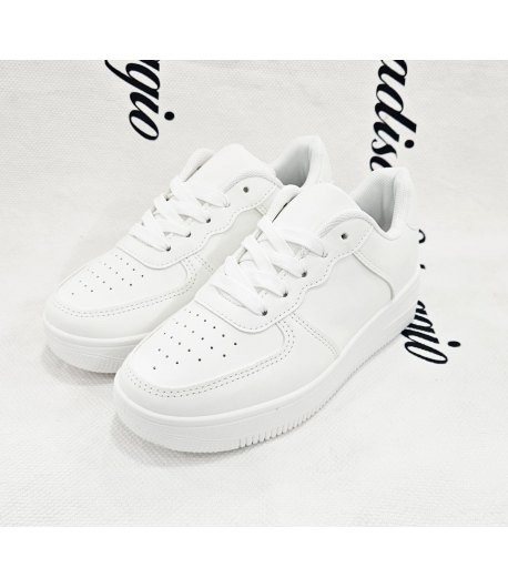 Scarpe Sneakers Bimbo Bambino e Ragazzo Bianche in Ecopelle per Cerimonia e Casual con Lacci e Suola Sportiva, S6