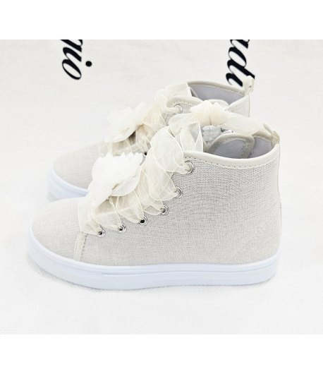 Scarpe Sneakers Bimba e Bambina Panna Chiaro in Tela con Nastri in Raso e Fiori Eleganti Ideali per Cerimonia e Casual, GD