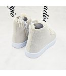Scarpe Sneakers Bimba e Bambina Panna Chiaro in Tela con Nastri in Raso e Fiori Eleganti Ideali per Cerimonia e Casual, GD