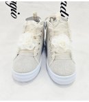 Scarpe Sneakers Bimba e Bambina Panna Chiaro in Tela con Nastri in Raso e Fiori Eleganti Ideali per Cerimonia e Casual, GD