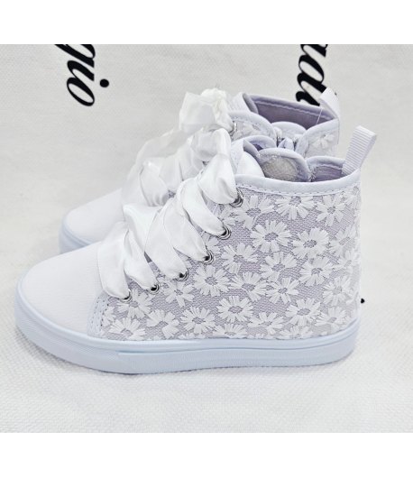 Scarpe Sneakers Bimba e Bambina Bianche in Ecopelle con Pizzo Floreale e Lacci in Raso Eleganti per Cerimonia e Casual, GD