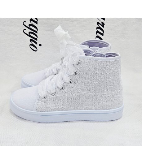 Scarpe Sneakers Bambina e Ragazza Bianche in Ecopelle con Pizzo Lucido e Lacci in Raso Eleganti per Cerimonia e Casual, GD