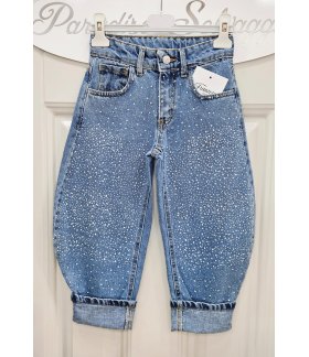 Jeans Bimba, Bambina e Ragazza Denim Blu Brillantinato Modello Balloon con Strass e Tasche Comfort Casual, Franzese