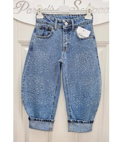 Jeans Bimba, Bambina e Ragazza Denim Blu Brillantinato Modello Balloon con Strass e Tasche Comfort Casual, Franzese