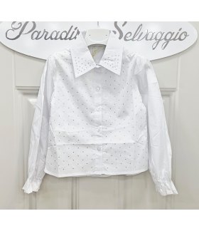 Camicia Bimba, Bambina e Ragazza, Bianca Brillantinata, Colletto Elegante e Manica Lunga per Cerimonia, Miss Bellina