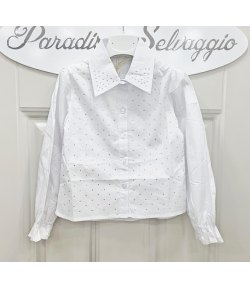 Camicia Bimba, Bambina e Ragazza, Bianca Brillantinata, Colletto Elegante e Manica Lunga per Cerimonia, Miss Bellina