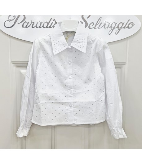 Camicia Bimba, Bambina e Ragazza, Bianca Brillantinata, Colletto Elegante e Manica Lunga per Cerimonia, Miss Bellina