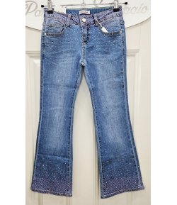 Jeans Bambina e Ragazza Denim Blu Chiaro Elasticizzato Scampanato con Strass Brillantinati a Zampa Casual Moda, Miss