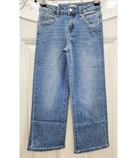 Jeans Bambina e Ragazza Denim Blu Chiaro Elasticizzato Modello Palazzo con Strass Brillantinati Moda Casual Elegante, Miss